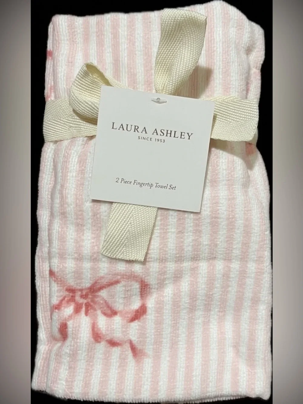 🎀 Laura Ashley Curtsey Bows Pink Bathroom Towel Set- 2 hand / 2 tip coquette NWT
